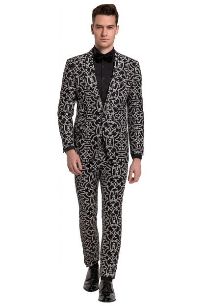 Men’s Black and Silver Sequin Tuxedo – Slim Fit 2-Piece Party and Wedding Suit with Sparkling Design- Black and White Color
