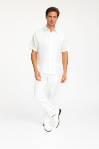 Men’s Linen White Embroidered Guayabera Two-Piece Set – Short Sleeve Shirt and Pants - Summer Walking Suit