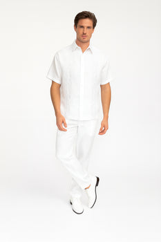 Mens Linen White Embroidered Guayabera Two-Piece Set Short Sleeve Shirt and Pants - Summer Walking Suit White / M Mens Linen White Embroidered Guayabera Two-Piece Set Short Sleeve Shirt and Pants - Summer Walking Suit White / M