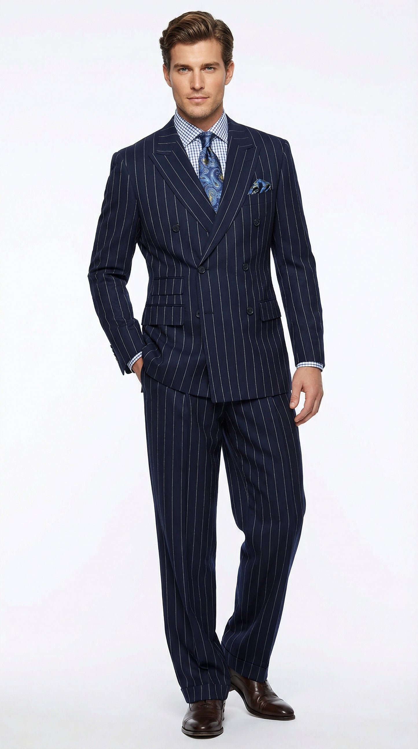 Men's Navy Blue Double Breasted Pinstripe Suit – Modern Fit