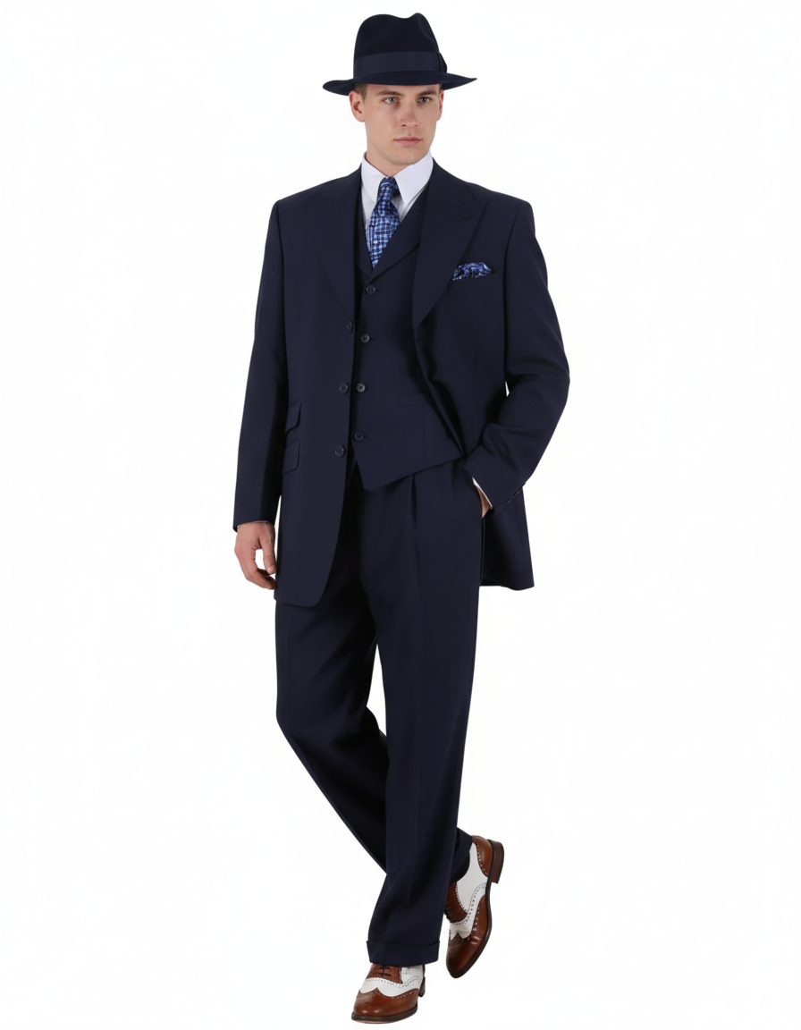 Men’s 1920s Navy Blue Zoot Suit – Classic Gangster 3-Piece Long  - Classic Fit Pleated Pants