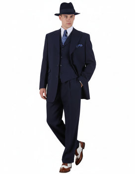 Men’s 1920s Navy Blue Zoot Suit with Fedora Hat and Wingtip Shoes – Classic Gangster 3-Piece Long  - Classic Fit Pleated Pants