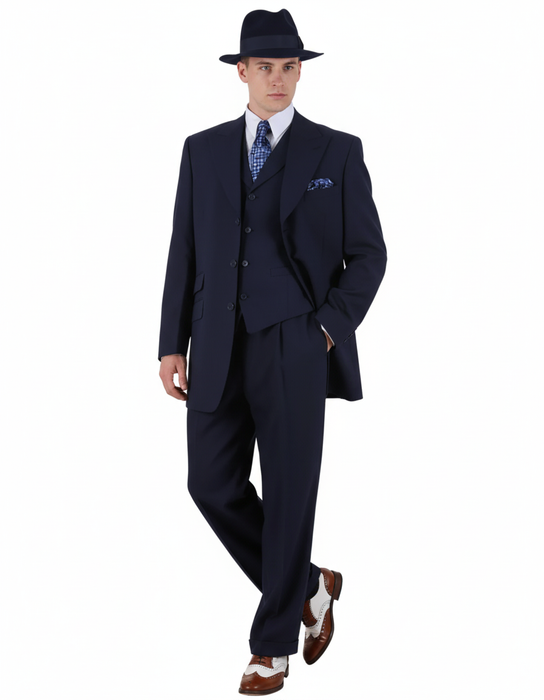 Men’s 1920s Navy Blue Zoot Suit with Fedora Hat and Wingtip Shoes – Classic Gangster 3-Piece Long  - Classic Fit Pleated Pants