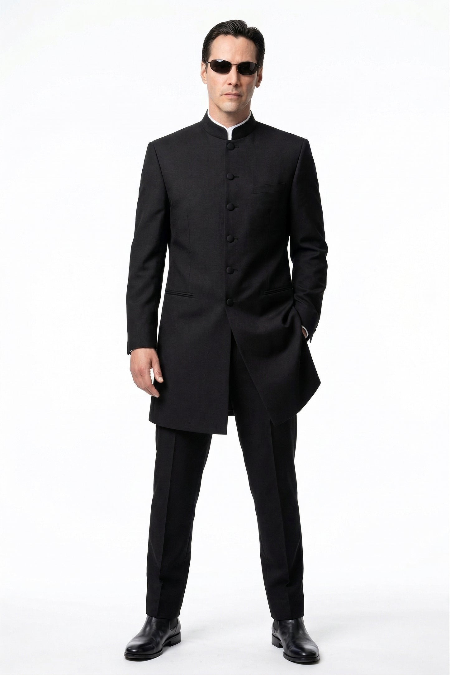 Men’s Black Coat Matrix Keanu Reeves Inspired Long Coat – Classic Mandarin Collar Formal Overcoat, Stylish Winter Trench Coat, Neo Style Jacket