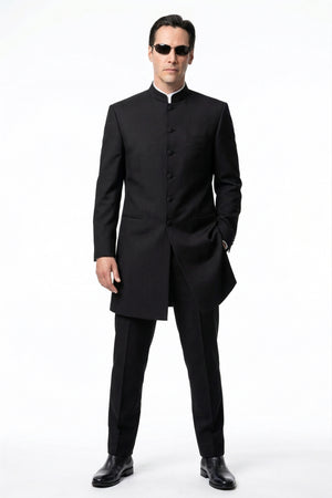 Men’s Black Coat Matrix Keanu Reeves Inspired Long Coat – Classic Mandarin Collar Formal Overcoat, Stylish Winter Trench Coat, Neo Style Jacket