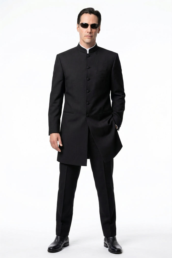 Men’s Black Coat Matrix Keanu Reeves Inspired Long Coat – Classic Mandarin Collar Formal Overcoat, Stylish Winter Trench Coat, Neo Style Jacket