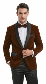 Men’s Brown Camel Bronze Velvet Tuxedo Jacket, Shawl Lapel Wedding Prom Dinner Blazer - Blazer Sportcoat