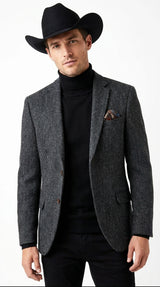 Men’s Charcoal Grey Herringbone Western Winter Blazer – Cowboy Sport Coat Jacket