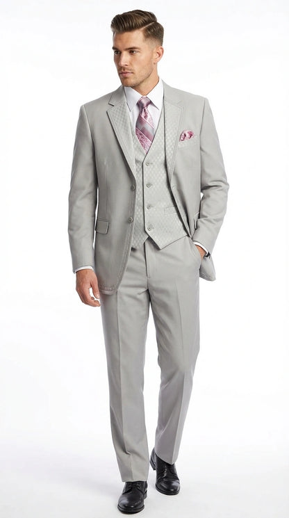 Men’s Light Gray 3 Piece Suit – Ice Silver Gray Formal Suit Set with Vest, Patterned Lapel and Tie for Wedding, Prom and Business Events  Modern Fit
