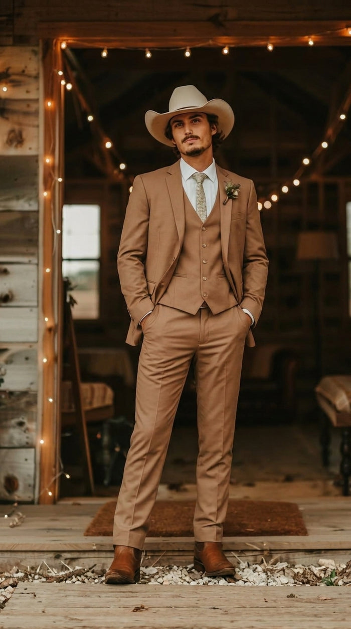 Mens Camel Brown Copper Western 3 Piece Suit – Classic Country Style Blazer Vest Pants Set, Formal Cowboy Suit Outfit