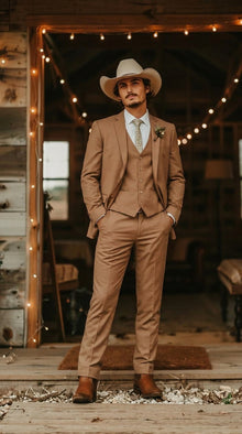 Mens Camel Brown Copper Western 3 Piece Suit – Classic Country Style Blazer Vest Pants Set, Formal Cowboy Suit Outfit