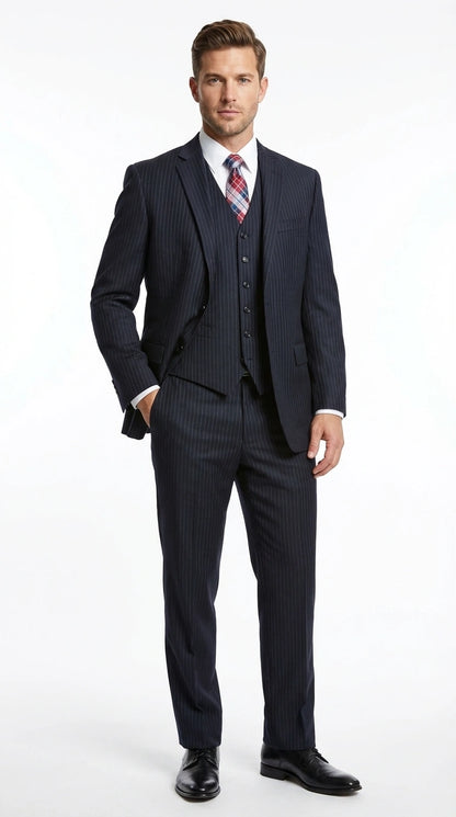 Italian Made By Statment - 100% Wool Fabric Super 150's  Banker Pinstripe in Navy Charcoal Black 2 Button Suit Modern Fit 2 Buttons Notch Lapel