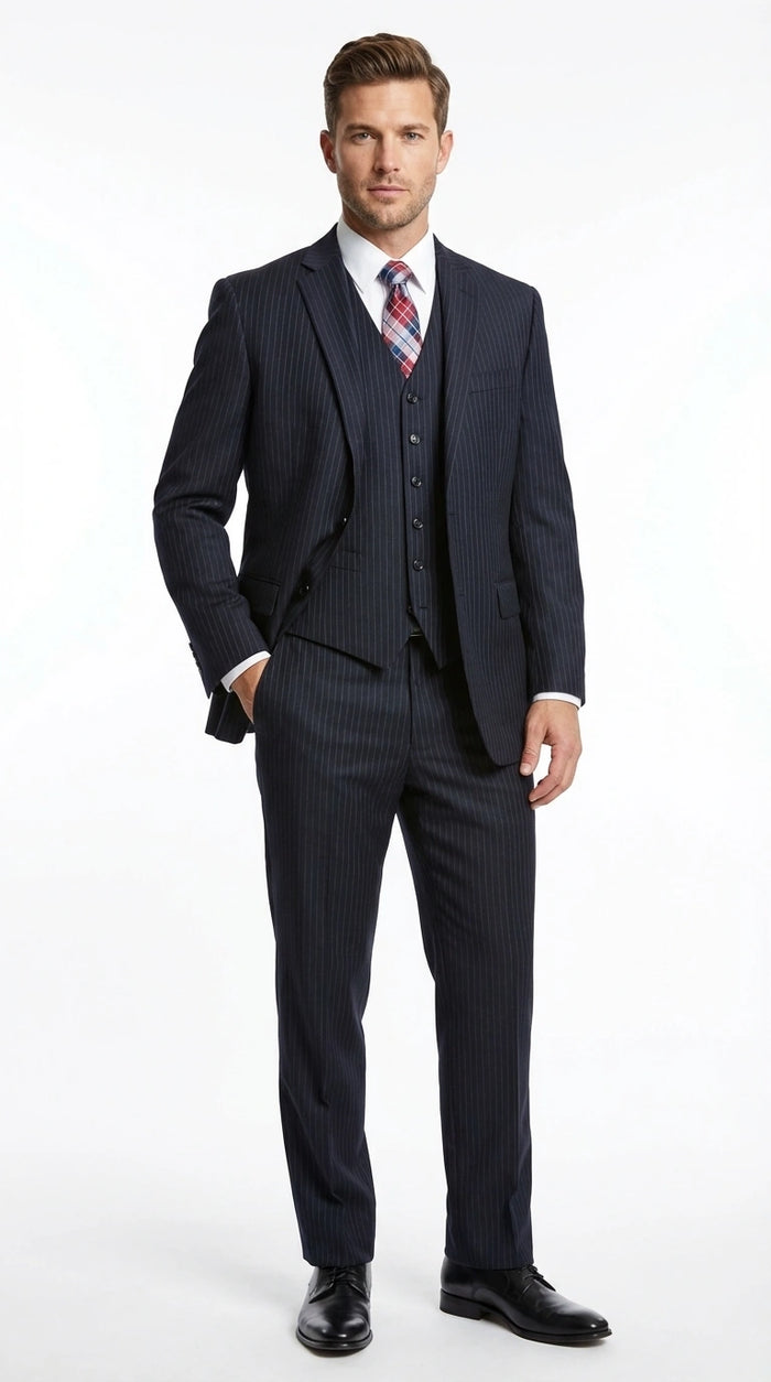 Italian Made By Statment - 100% Wool Fabric Super 150's  Banker Pinstripe in Navy Charcoal Black 2 Button Suit Modern Fit 2 Buttons Notch Lapel