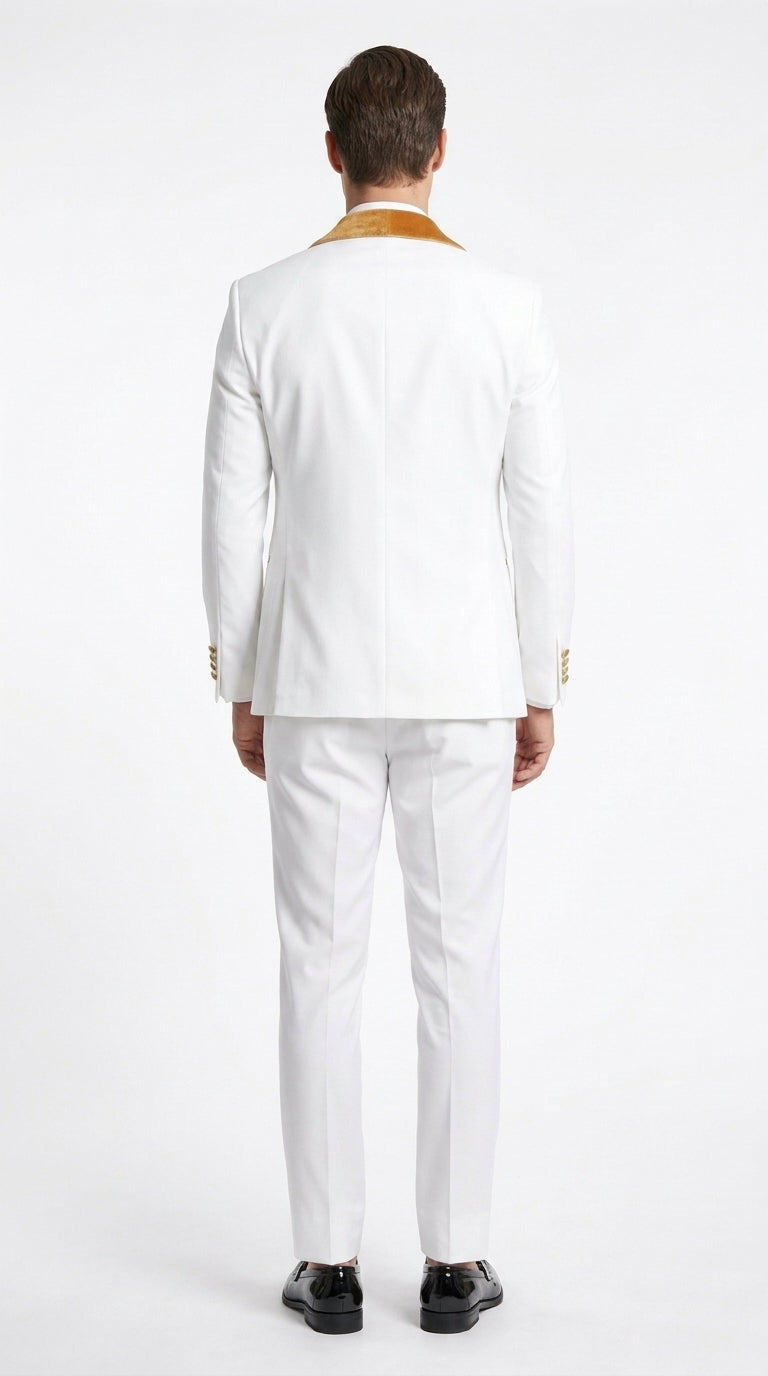 Men's White & Gold Tuxedo – Velvet Shawl Lapel 3 Piece Wedding & Prom Suit