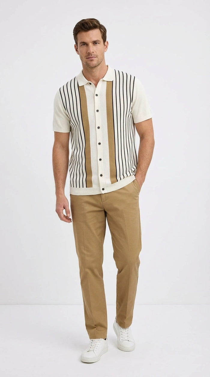 Mens Cream and Tan Striped Walking Suit plus Matching Pants  – Casual Summer Short Sleeve Shirt and Pants Outfit for Vacation, Travel and Everyday Wear