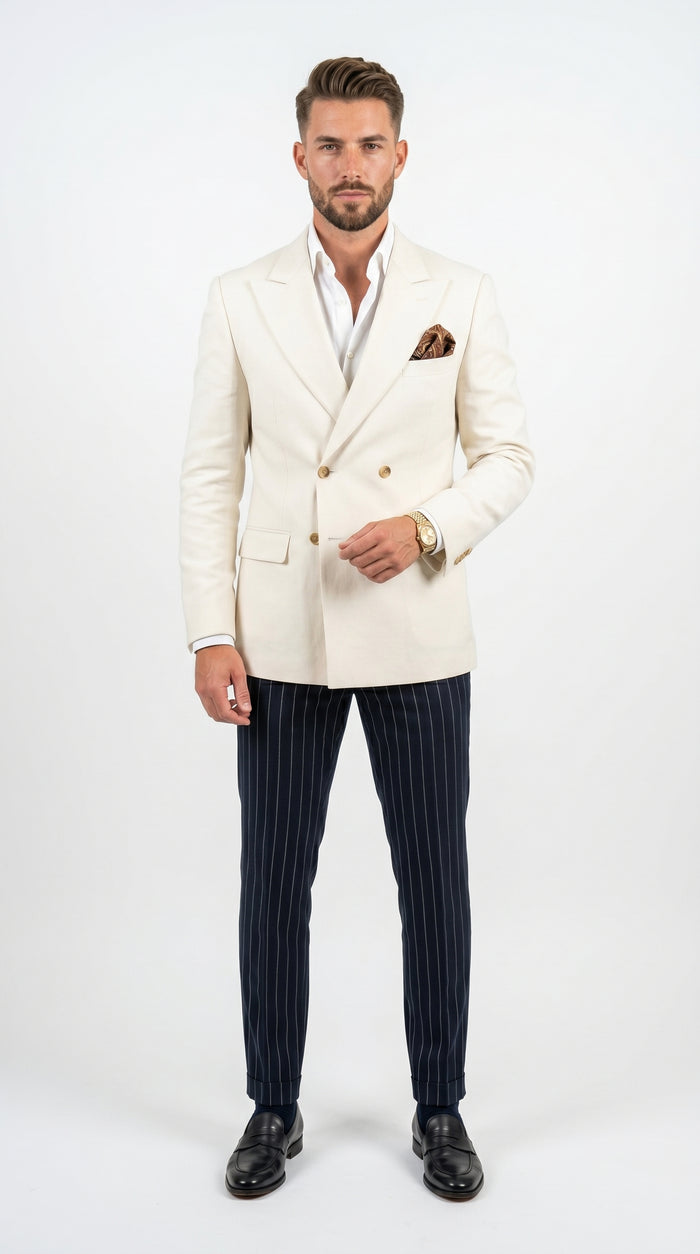 Men’s Ivory Linen Double Breasted Blazer, Lightweight Wedding Dinner Sport Coat Jacket Cream Off White