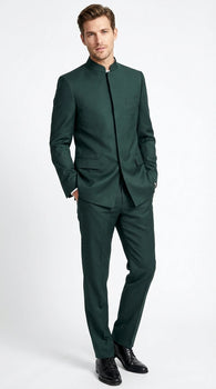 Men’s Olive Green Tuxedo Mandarin Collar Suit – Modern Nehru Style Formal Suit for Wedding Banded Collar