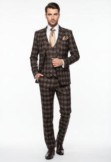 Men’s Brown Plaid Windowpane Three-Piece Suit Set – Classic Slim Fit Jacket, Double-Breasted Vest and Modern Fit Pants  By Rossiman