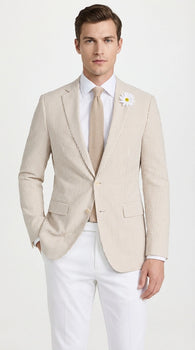 Mens Beige Seersucker Blazer – Lightweight Striped Summer Sport Coat Casual Smart Formal Blazer