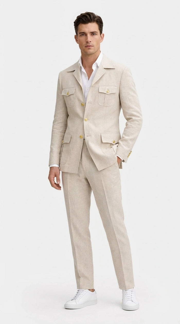 Mens Tan Beige Safari Military Walking Suit Set – Casual Two Piece Outfit Lightweight Summer Blazer and Pants Set Classic Casual Wear