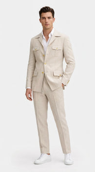 Mens Tan Beige Safari Military Walking Suit Set – Casual Two Piece Outfit Lightweight Summer Blazer and Pants Set Classic Casual Wear