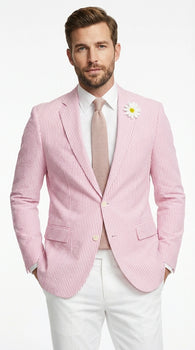Mens Pink Seersucker Blazer – Lightweight Striped Summer Sport Coat Casual Smart Formal Jacket