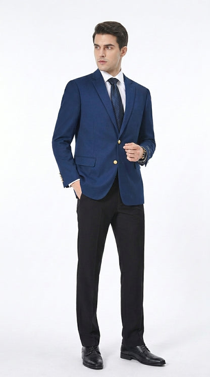 Men’s Sapphire Indigo Cobalt Blue Blazer with Gold Buttons – Classic Single Breasted Formal Business Jacket for Office, Wedding