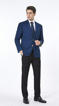 Men’s Sapphire Indigo Cobalt Blue Blazer with Gold Buttons – Classic Single Breasted Formal Business Jacket for Office, Wedding