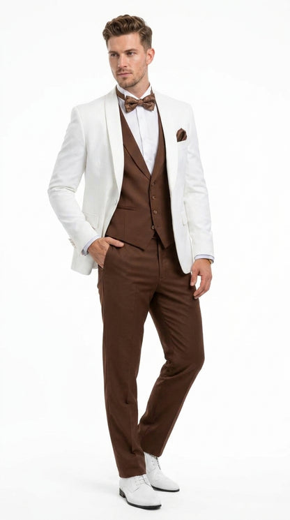 Men’s Ivory and Brown 3 Piece Suit – Elegant White Blazer with Brown Vest and Trousers for Wedding, Prom and Formal Events in off White Cream + Bowtie