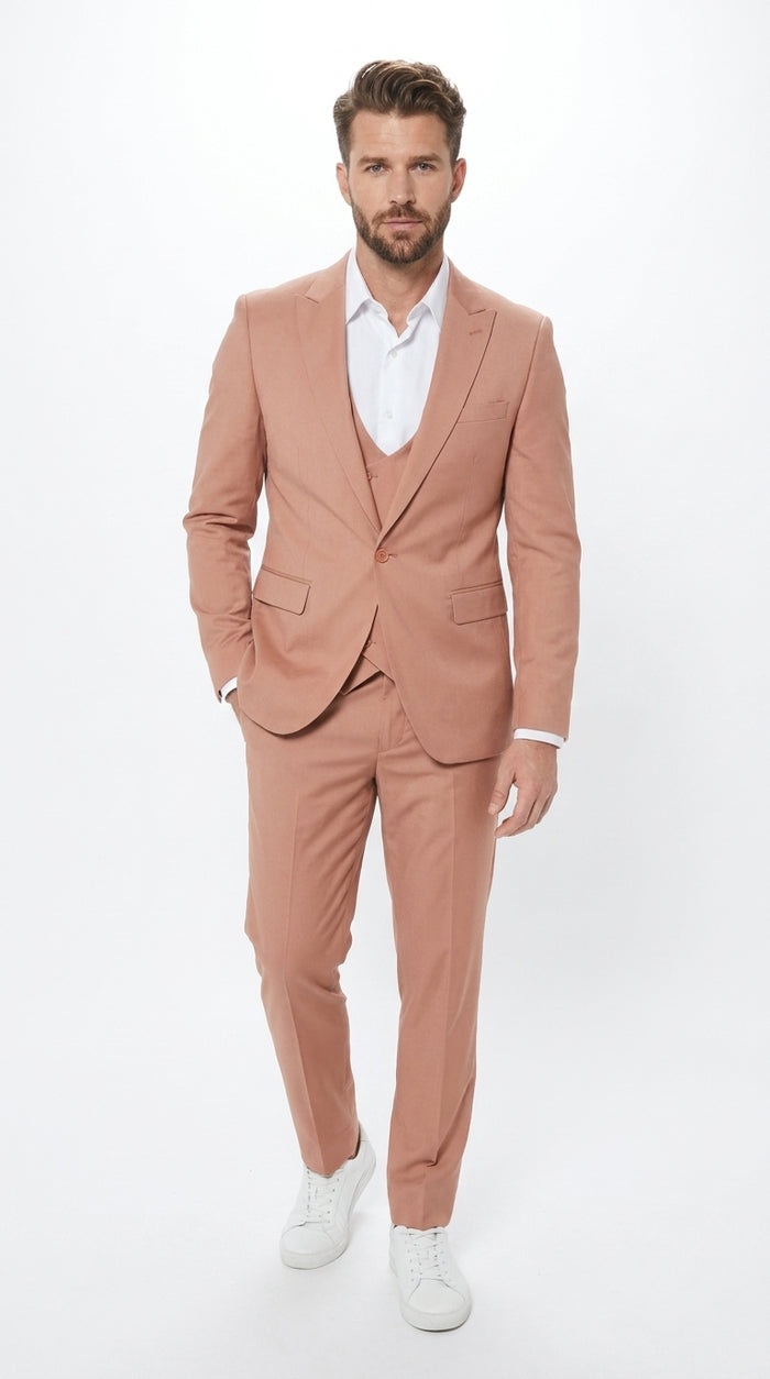 Men’s Peach Light Brown 3 Piece Suit – Wedding & Prom Formal Suit Set, Blazer Pants Double breasted vest