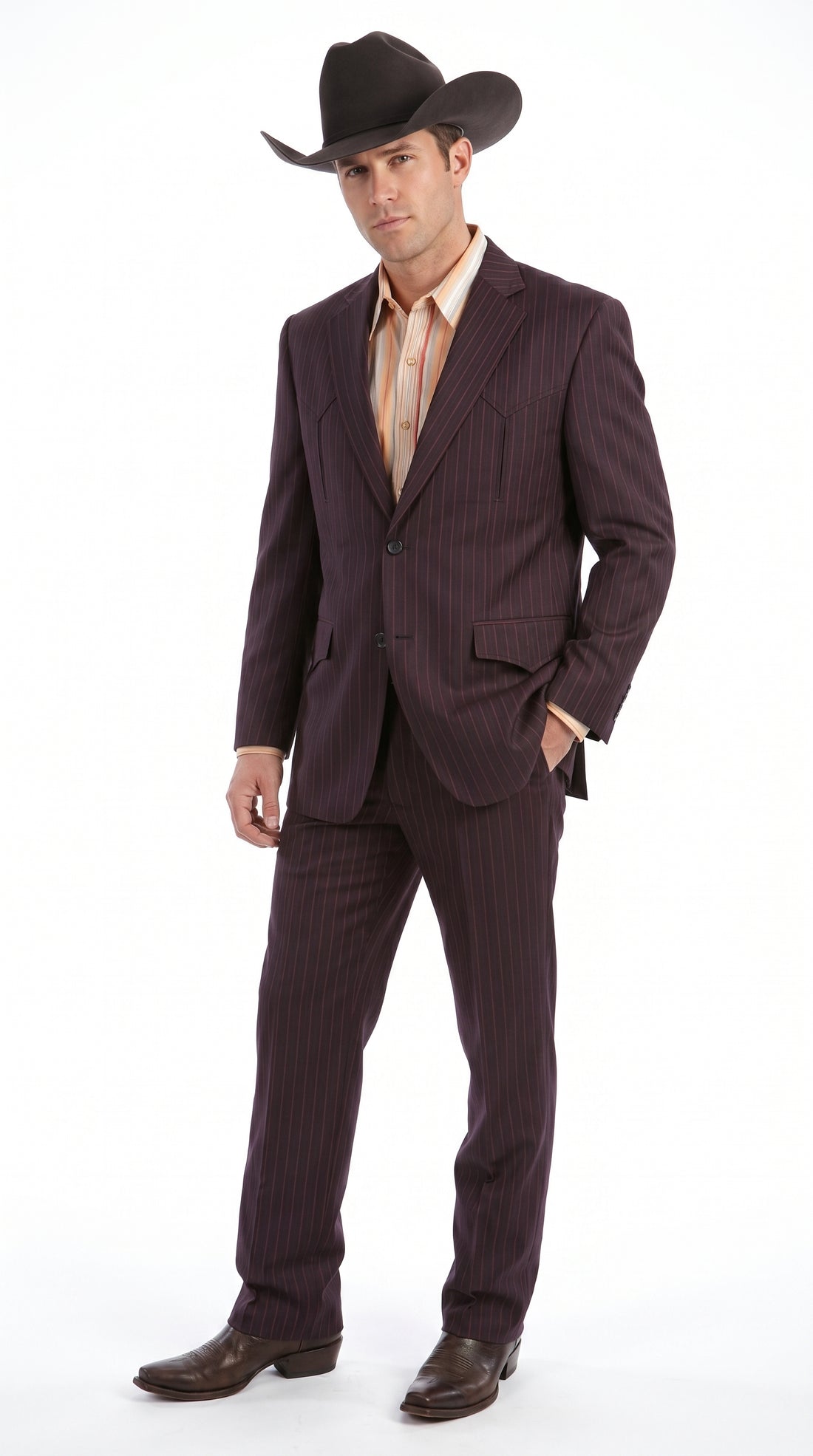 Men’s Brownish Black Pinstripe Western Suit, Cowboy Formal Wedding Ranch Dress Suit Set Slim Fitted Brown / 42R
