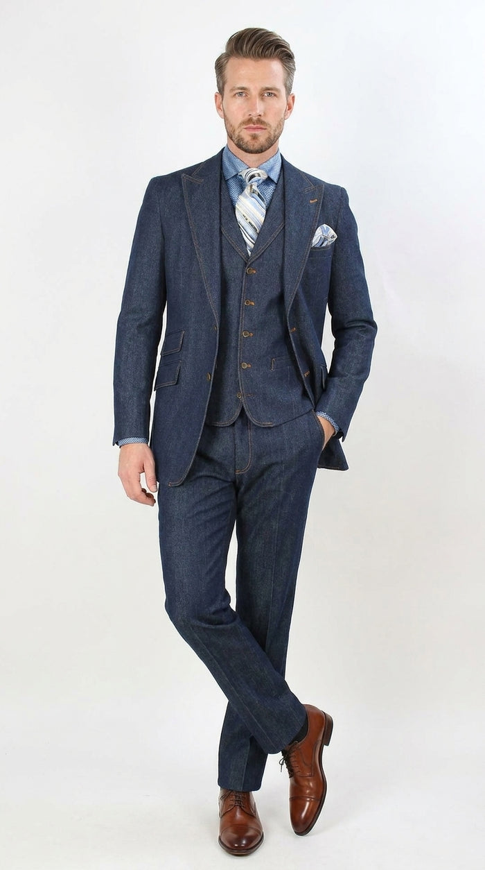 Men’s Pleated Pants Dark Blue Denim 3 Piece Suit – 100% Cotton Formal Suit Set, Blazer Vest Pants Outfit Classic Fit Athletic Fit Lose Fit
