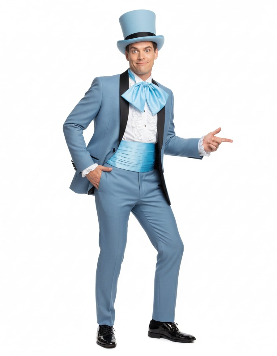 Dumb and Dumber Light Blue Tuxedo Costume for Men with Matching Top Hat – Classic 90s Party and Halloween Suit