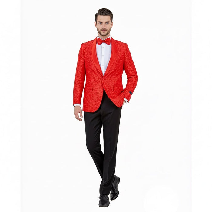 Big and Tall Mens Red Paisley Tuxedo Jacket – Satin Shawl Lapel Blazer with Bow Tie - Christmas Jacket - Image 3