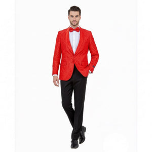 Big and Tall Mens Red Paisley Tuxedo Jacket – Satin Shawl Lapel Blazer with Bow Tie - Christmas Jacket