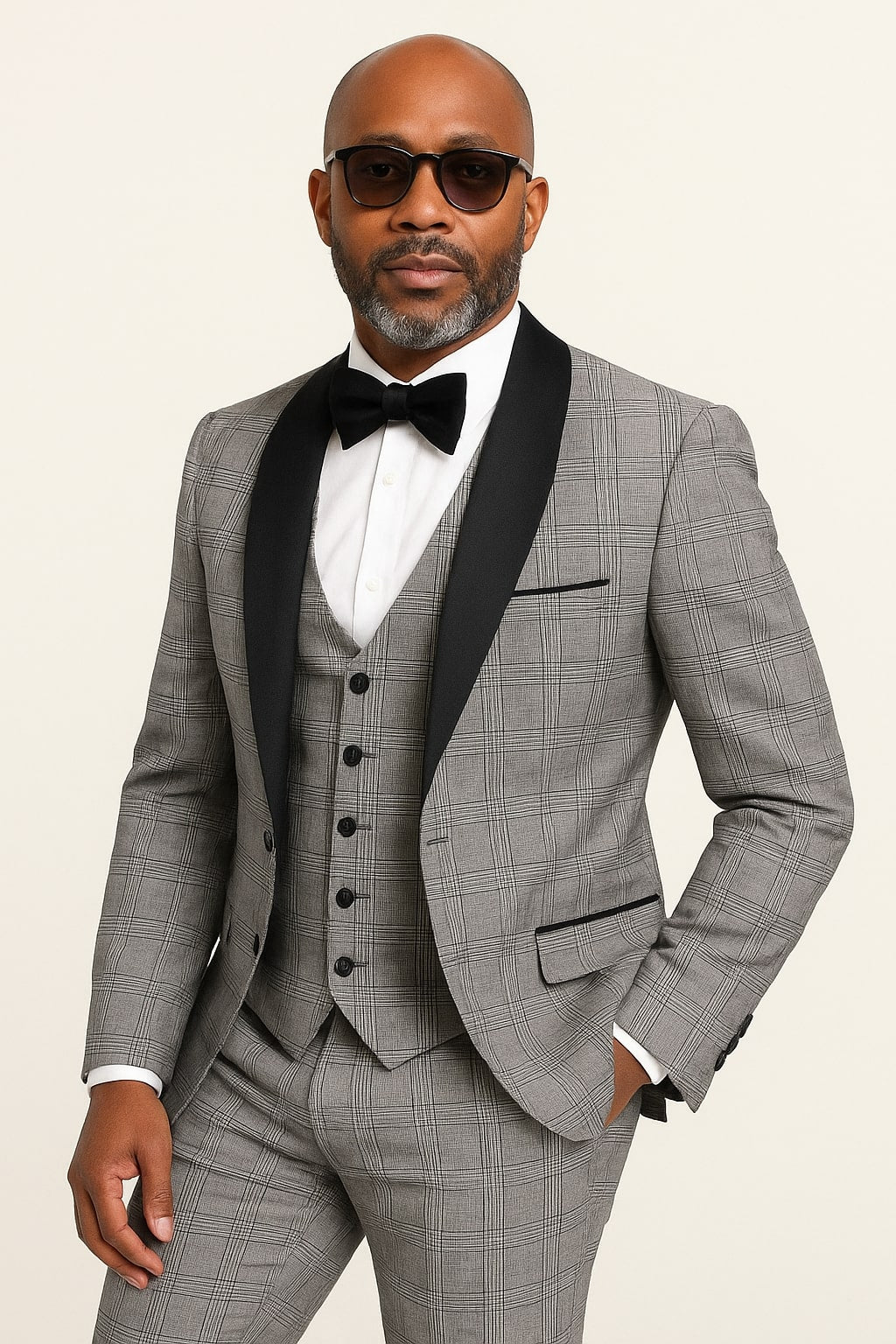 Men's Black and White Plaid Tuxedo – 3 Piece Suit with Black Velvet Shawl Lapel - Gray Glein Tartan Pattern Wedding Suit - Image 3