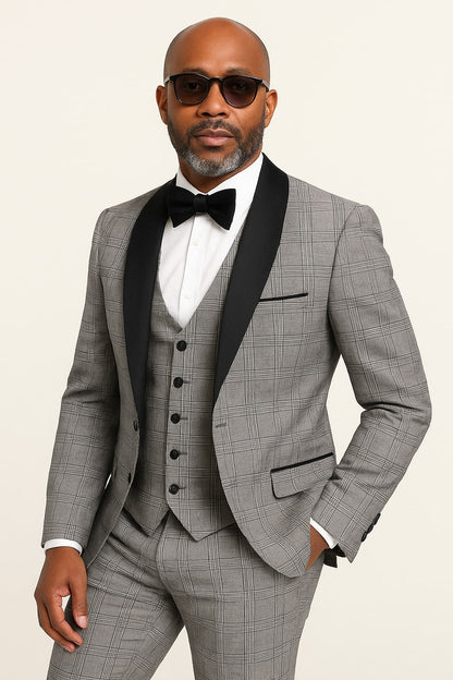 Men's Black and White Plaid Tuxedo – 3 Piece Suit with Black Velvet Shawl Lapel - Gray Glein Tartan Pattern Wedding Suit - Image 3