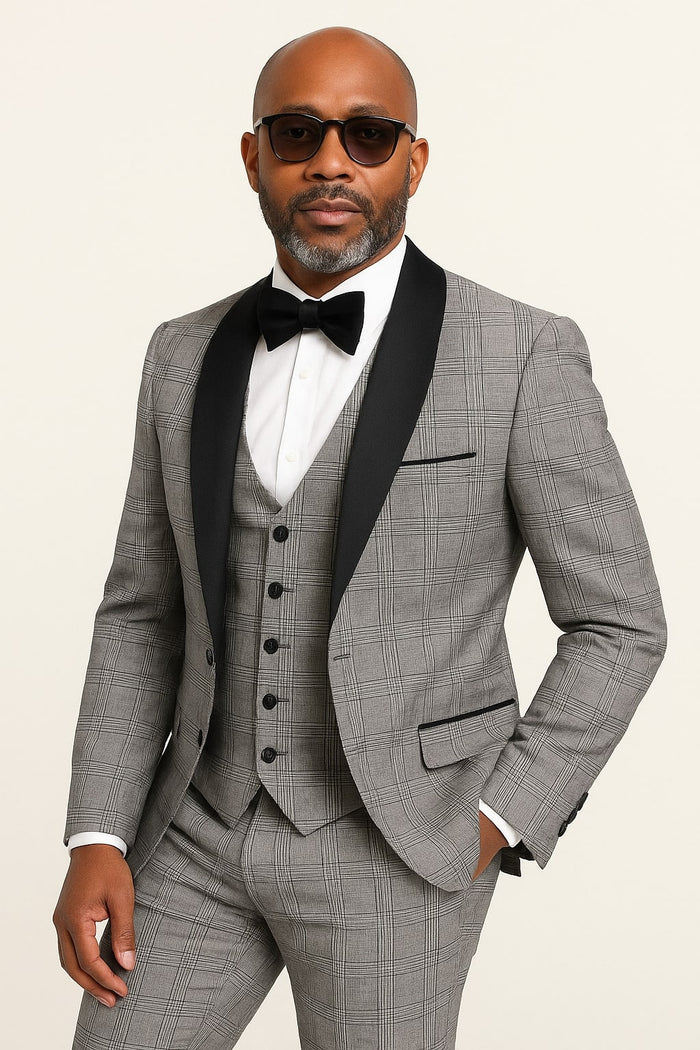 Men's Black and White Plaid Tuxedo – 3 Piece Suit with Black Velvet Shawl Lapel - Gray Glein Tartan Pattern Wedding Suit - Image 3