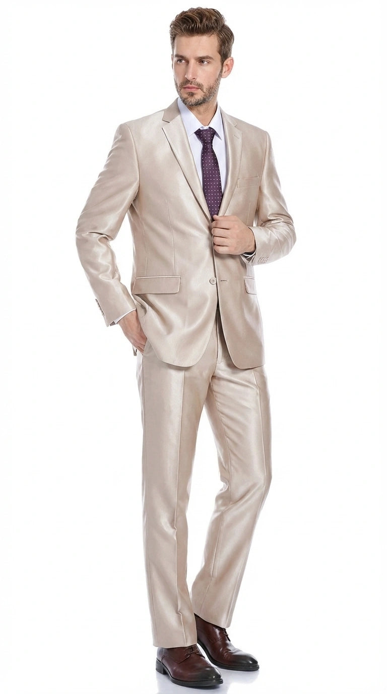 Men’s Champagne Tan Sharkskin 2 Button Suit – Shiny Formal Suit with Optional Vest for Wedding, Prom, Business Beige Color Modern Fit