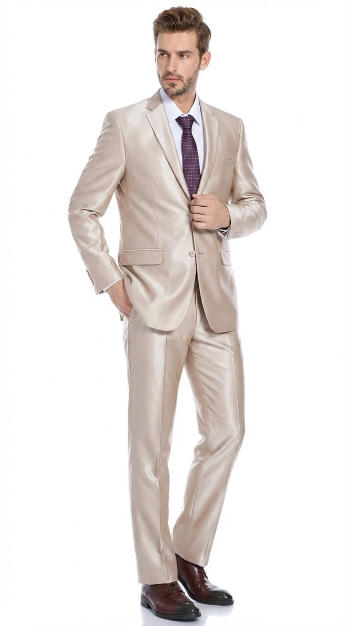 Men’s Champagne Tan Sharkskin 2 Button Suit – Shiny Formal Suit with Optional Vest for Wedding, Prom, Business Beige Color Modern Fit