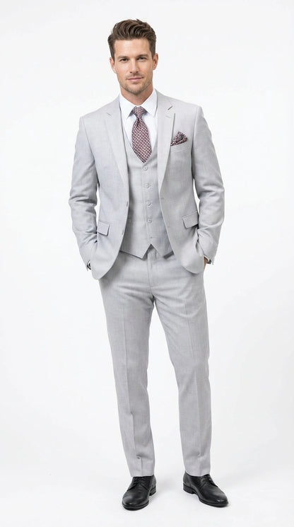 Men’s Light Grey Sharkskin 3 Piece Suit – Two Button Vested Modern Formal Business Suit for Wedding in silver Ice Gray Modern Fit