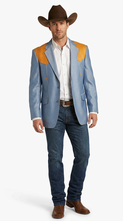 Men’s Sky Blue and Gold Western Cowboy Blazer – Classic Country Style Jacket, Retro in Steel Blue Color