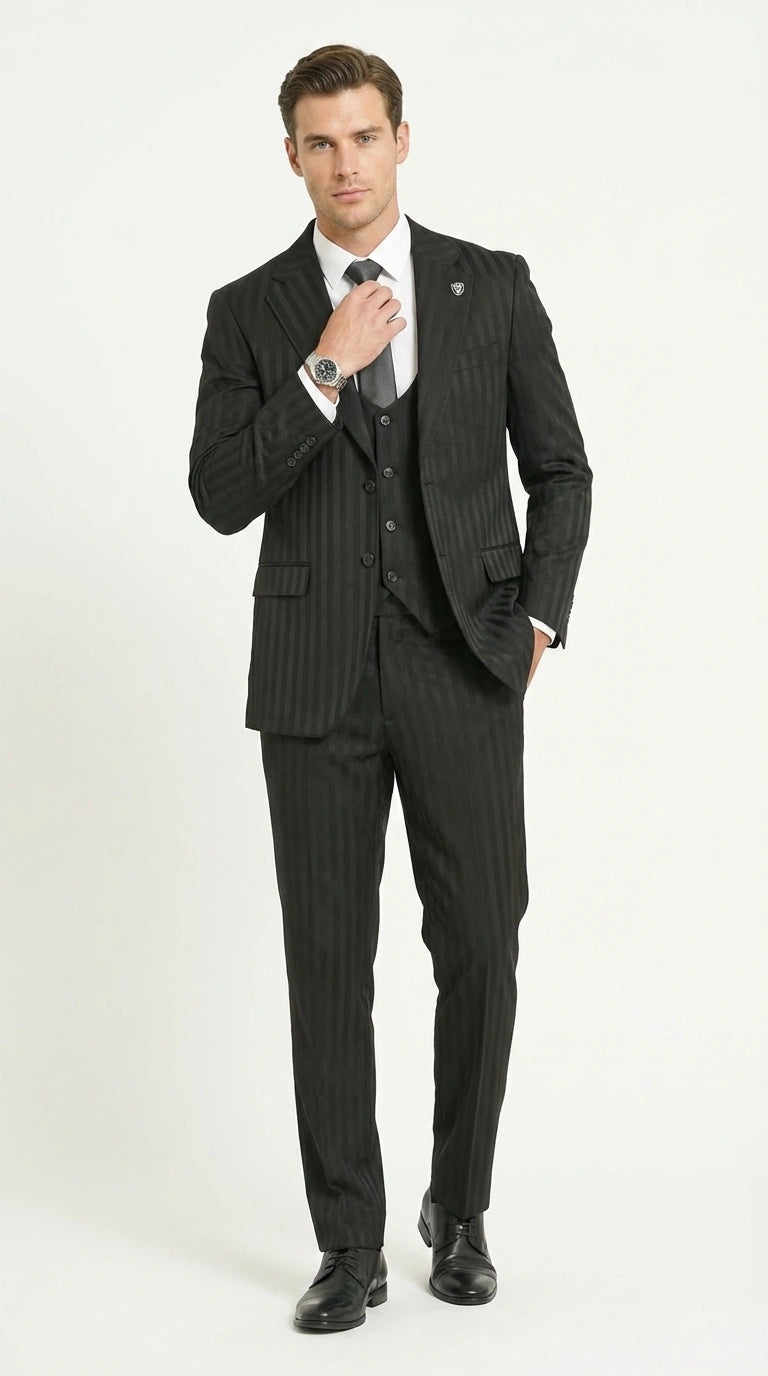 Men’s Black Pinstripe 3 Piece Suit – Vested Formal Business Suit for Wedding, Office, Prom and Party Wear Modern Fit