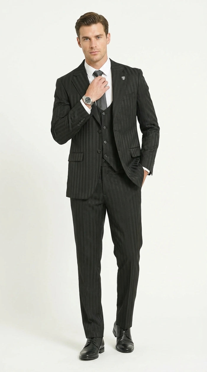 Men’s Black Pinstripe 3 Piece Suit – Vested Formal Business Suit for Wedding, Office, Prom and Party Wear Modern Fit