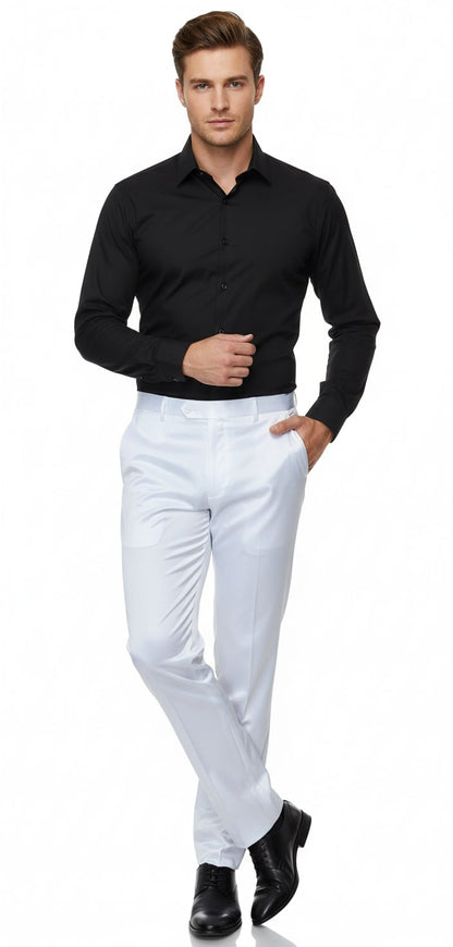 Mens White Satin Slim Fit Dress Pants – Shiny Formal Party and Wedding Trousers White / Dress Size Pants: 32 Unfinished Bottom