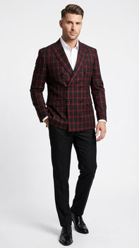Men’s Black and Red Check Double Breasted Blazer – Sport Coat Jacket Windowpane Sportcoat Slim Fit