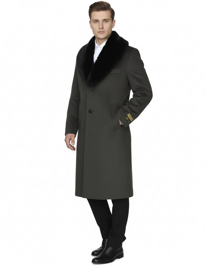 Mens Full Length Olive Overcoat with Black Fur Collar – Luxury Wool Fabric Winter Long Coat in Hunter Green