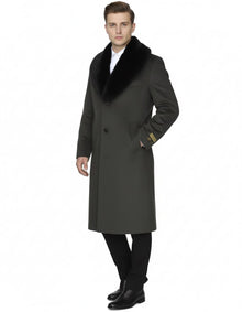 Mens Full Length Olive Overcoat with Black Fur Collar – Luxury Wool Fabric Winter Long Coat in Hunter Green