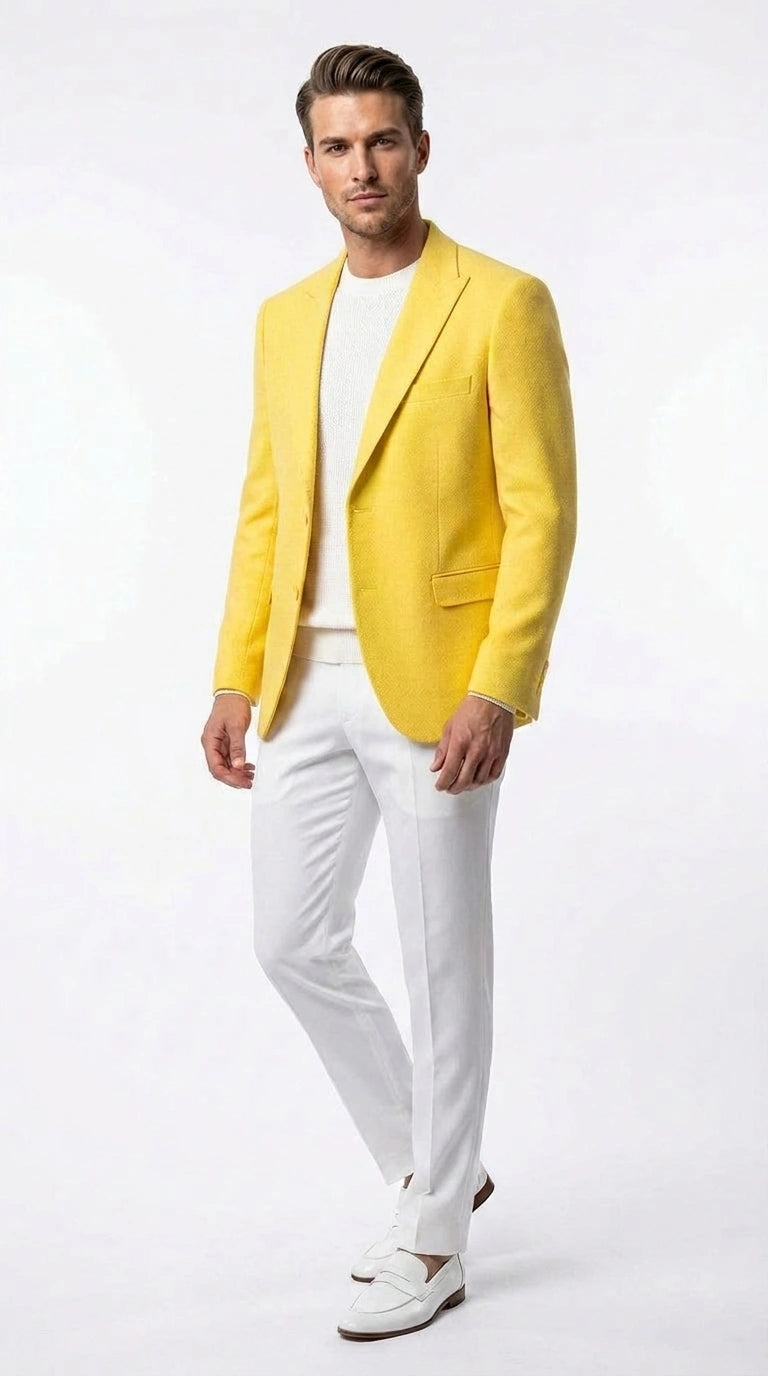 Zacci Brand Men’s Lemon Yellow Blazer Peak Lapel Hopsack Weave – Elegant Formal Blazer Jacket for Wedding, Party, Prom and Smart Casual Wear