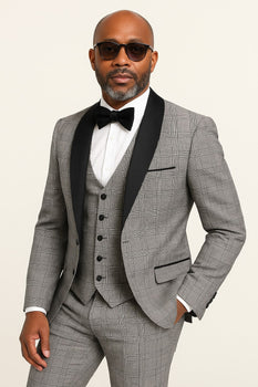 Men's Black and White Plaid Tuxedo – 3 Piece Suit with Black Velvet Shawl Lapel - Gray Glein Tartan Pattern Wedding Suit - Image 3